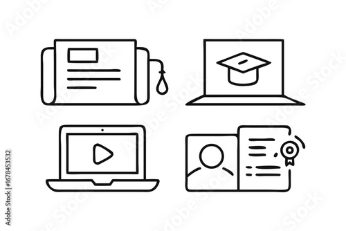 Online education icons representing courses, degree, diploma
