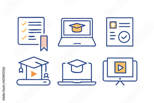 Online education icons representing courses, degree, diploma on