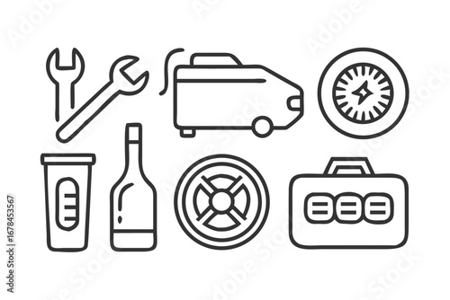 Outline illustration of car repair tools and parts