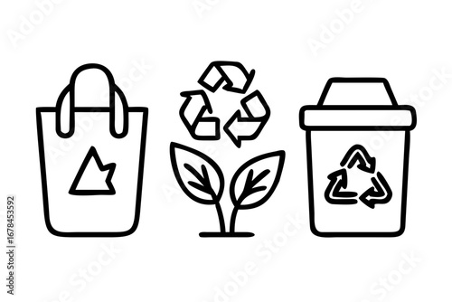 Recycle bin, bag and arrow symbol with leaf