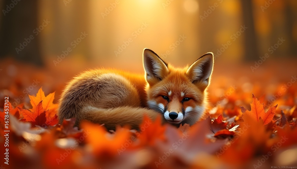 Obraz premium Red fox resting amongst vibrant autumn leaves in warm sunlight