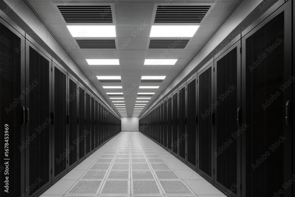Obraz premium A Modern Data Center Corridor with Server Racks and Bright Lighting