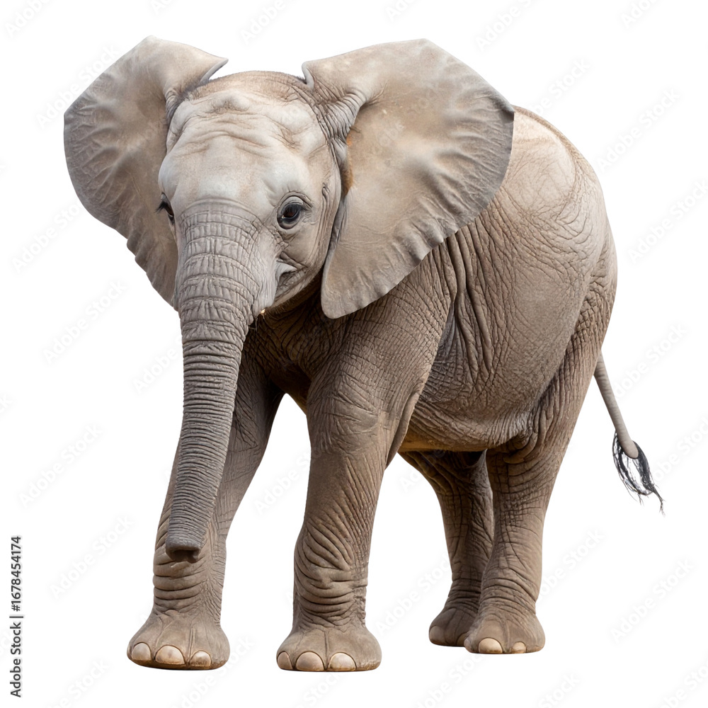 Obraz premium A massive African elephant with large ears and prominent tusks is isolated on a white background