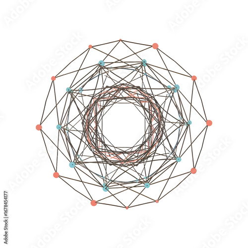 Complex Geometric Pattern of Intertwined Lines and Dots in Circular Arrangement on White Backdrop