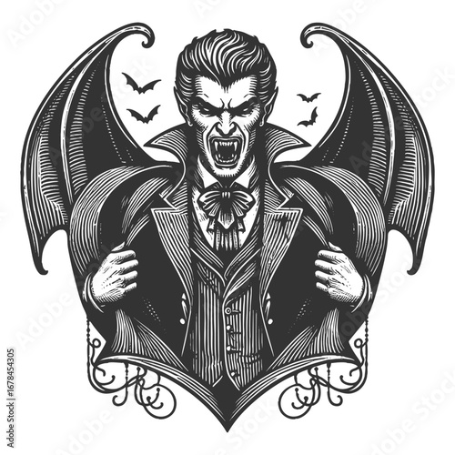 terrifying vampire with sharp fangs, dramatic cape shaped like wings, and bats flying nearby sketch engraving generative ai fictional character vector illustration. Scratch board. Black and white.