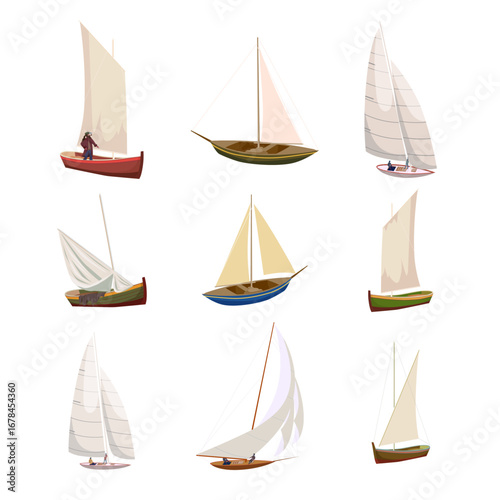 Set sailboat and yacht retro ship, fishery, travel vessel
