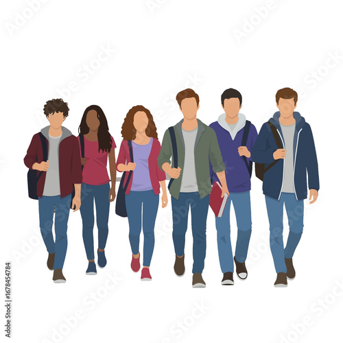 Diverse Group of College Students Walking Together in Casual Outfits with Backpacks and Books on White Background