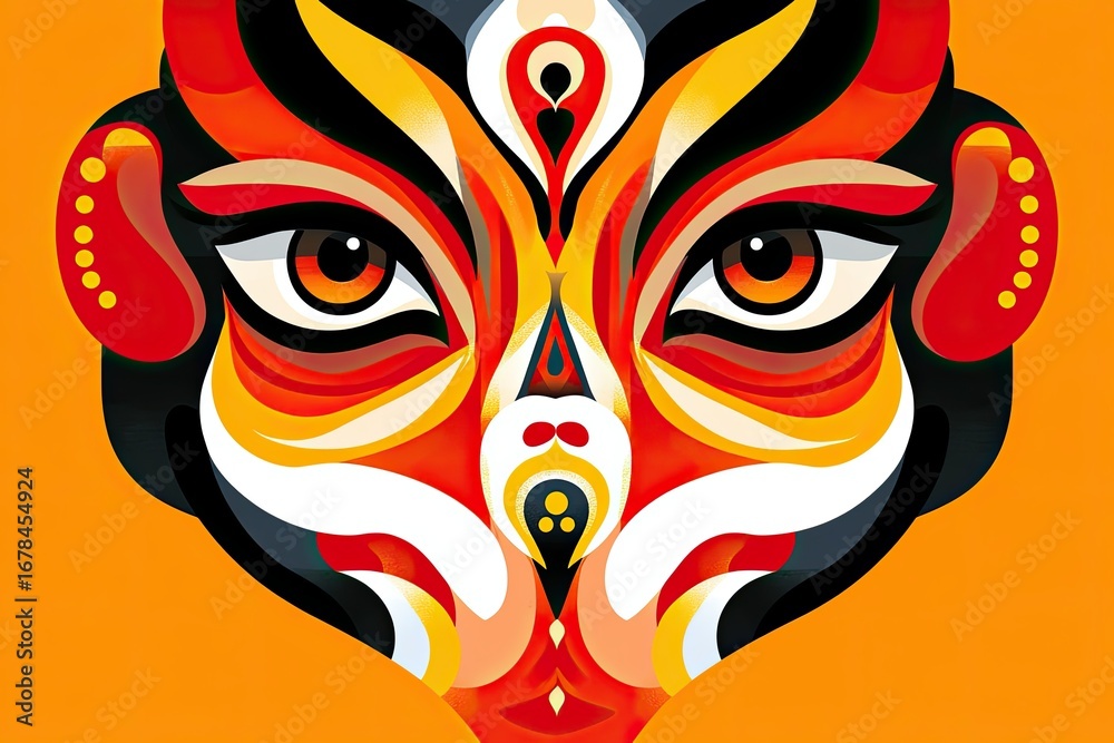 Fototapeta Colorful ornate face a majestic composition of mythical creatures. A vibrant, abstract artwork featuring bold colors and striking eyes, evoking a sense of power and intensity.