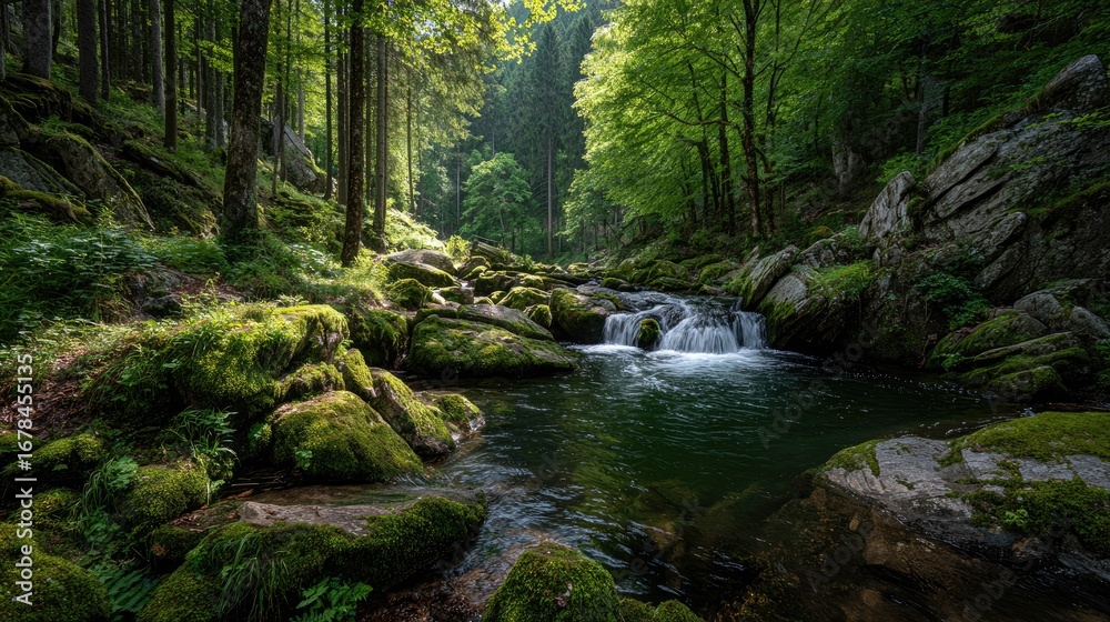 Obraz premium Sunlit mountain stream flows through mossy forest