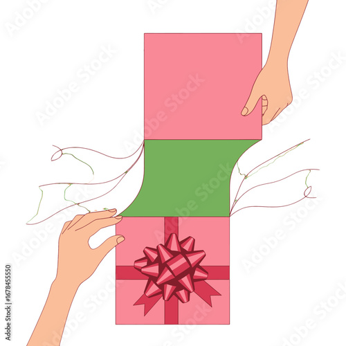 Opening Pink Gift Box with Green Interior Held by Human Hands on White Background For Festive Occasion