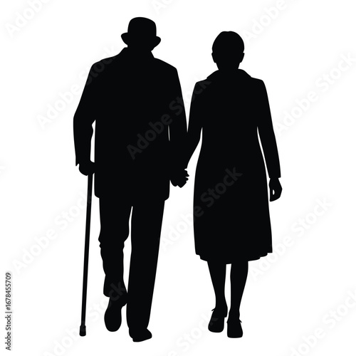 An elderly couple walking 