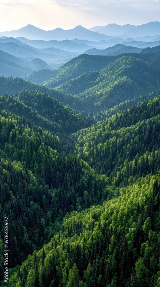 Fototapeta premium Misty mountain range, lush forests