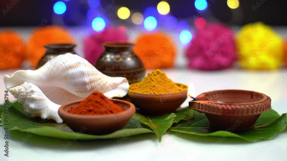 Vermilion Roli Sindoor, Turmeric Haldi On Betel Paan Leaves And Shell Shankh. Clay Oil Lamp Diya, Deep Or Dia Lit In Background. Theme For Diwali, Navratri Pooja, Dussehra Puja And Shubh Deepawali 
