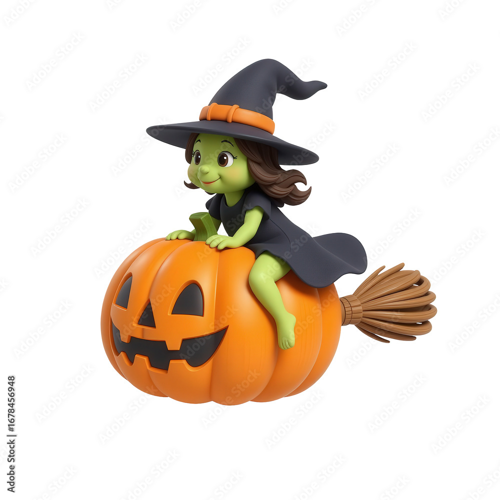 Fototapeta premium Cheerful Cartoon Witch Riding Pumpkin with a Broomstick