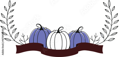 Autumn pumpkins with leaves and ribbon for thanksgiving and harvest season decorations and celebrations