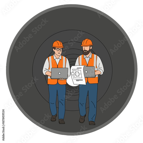 Two Construction Workers in Orange Vests and Hard Hats Examining Plans in Gray Circle