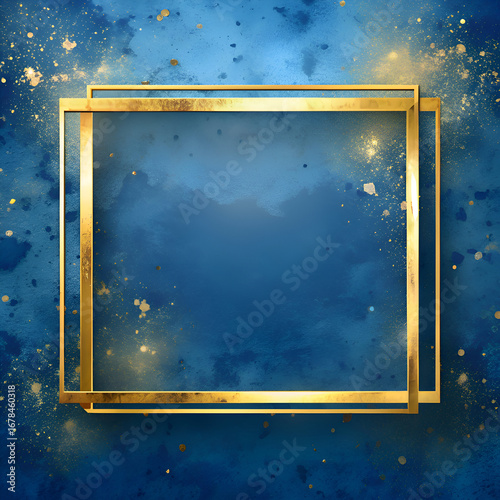 Elegant Gold Frame on Blue Watercolor Background
