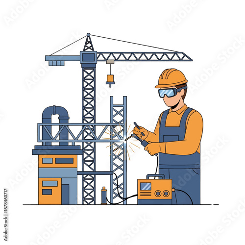 Construction Worker Welding Steel Structure Near Crane Wearing Protective Gear in Blue Orange Color Palette Illustration Style