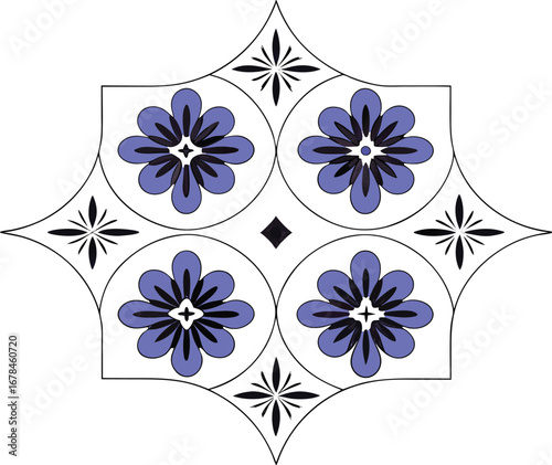 Floral square pattern featuring four flowers and starshaped elements around them