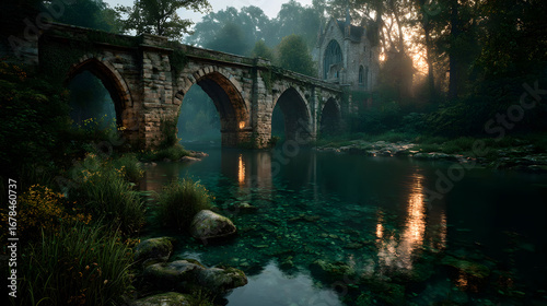 Old stone bridge over misty river at sunrise © Zakiullahmeer