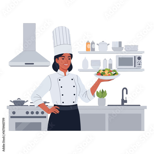 Smiling Female Chef Presenting Fresh Salad in Modern Kitchen with White Cabinetry Stove and Steel Extractor Fan