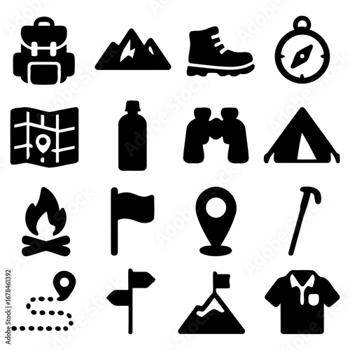 Adventure Essentials: A collection of iconic adventure and travel elements arranged in a visually pleasing and symmetrical pattern, featuring key items for outdoor exploration.