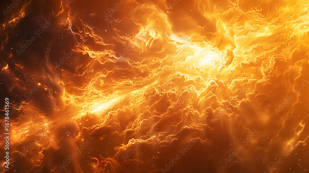 Obraz premium Vibrant golden orange cosmic energy abstract background, depicting a swirling celestial nebula with glowing ethereal light and warm hues.