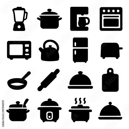 Culinary Icons: A curated collection of minimalistic silhouette icons, representing essential kitchen appliances and utensils for culinary pursuits, elegantly arranged in a grid.