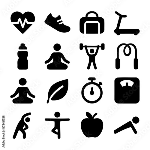 Healthy Lifestyle Icons: A vibrant compilation of carefully crafted icons showcases essential elements of health, wellness, fitness, and vitality, presented in a visually appealing vector format. 
