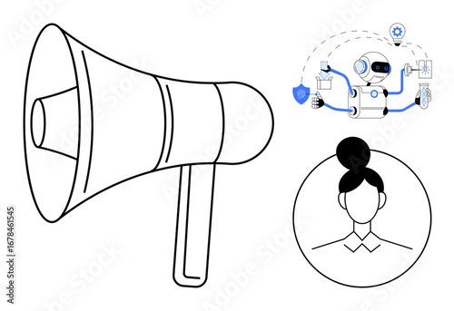 Megaphone symbolizing expression, robotic AI multitasking representation, female portrait link human perspective. Ideal for communication, technology, innovation, teamwork, marketing, AI ethics