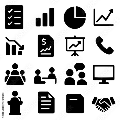 Business Icon Collection: A collection of business-related icons, meticulously crafted to represent diverse aspects of business and corporate life, with simple yet effective designs.