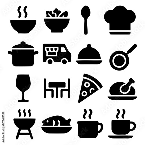 Culinary Icons: A collection of vector icons represents culinary delights, from savory dishes to cooking essentials, perfect for menus, food blogs, and culinary-themed projects. 