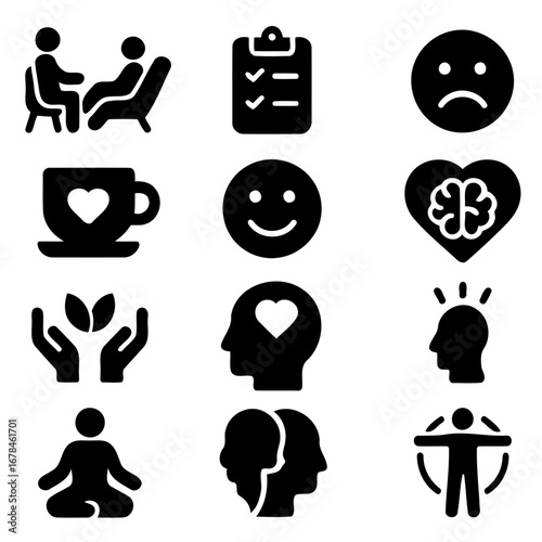 Mindfulness and Mental Health: A captivating collection of symbolic icons depicting key aspects of mindfulness, mental health, and emotional well-being.