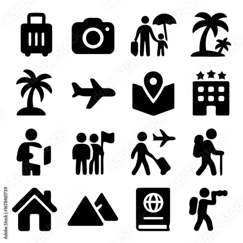 Travel and Tourism Icons: An array of essential icons perfectly encapsulating the essence of travel, adventures, and exploration across the globe. A set of visual symbol representing journey. 