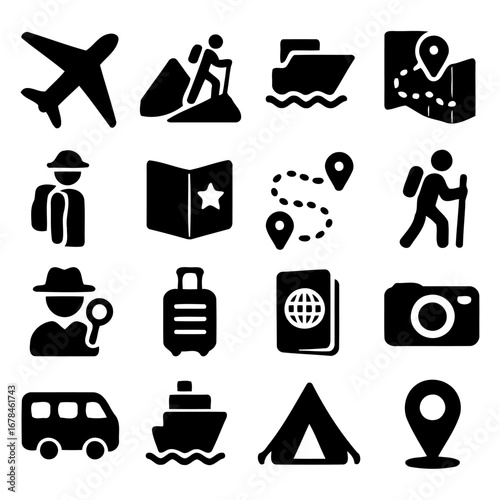 Travel icons: A compilation of silhouette icons that embodies the essential elements of travel and adventure. Capturing wanderlust, discovery, journey.