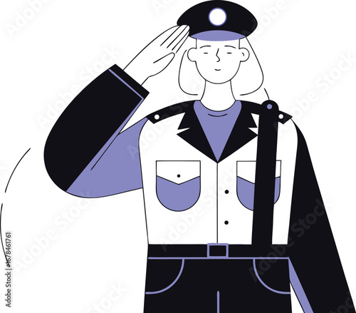 A female police officer in uniform saluting, a symbol of law enforcement and public safety