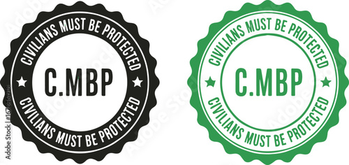 C.MBP Civilians Must Be Protected Seal | Black and Green Icon Illustration for Advocacy, Human Rights, and Peace Campaigns
