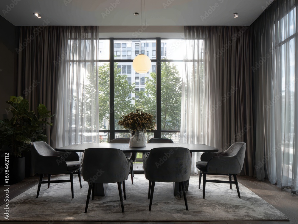Fototapeta premium Modern dining area with large windows and grey furnishings.