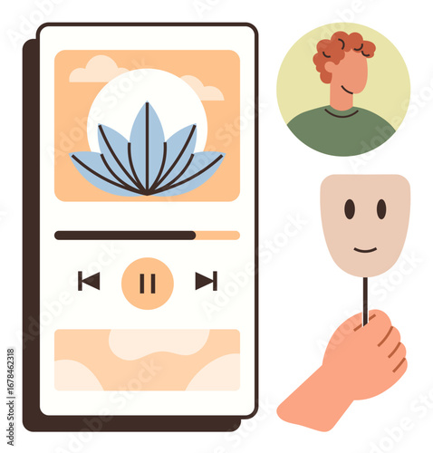 Meditation app interface with play button and lotus flower, face mask held by hand, and person portrait. Ideal for mindfulness, self-care, mental wellness, psychological growth, identity, therapy