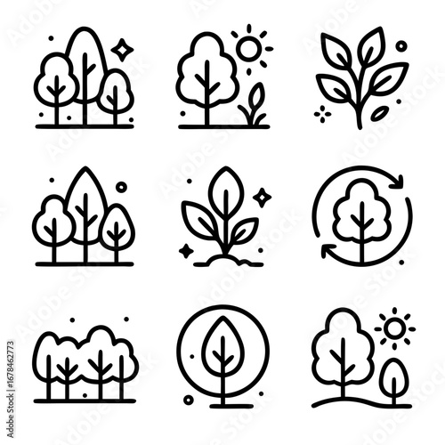 Keywords and the original titles essence captured in nine naturethemed black and white vector icons of various arboreal silhouettes. Suitable for natureinspired design projects.