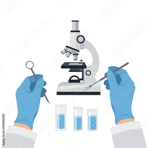Close Up Microscope with Sample Beakers and Blue Gloved Hands Holding Instruments on White Background