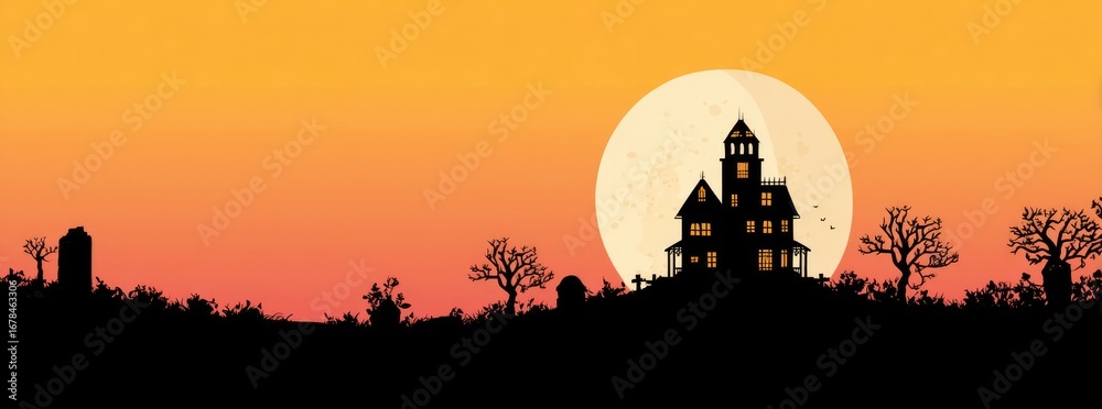 Naklejka premium Silhouette of a haunted house at sunset