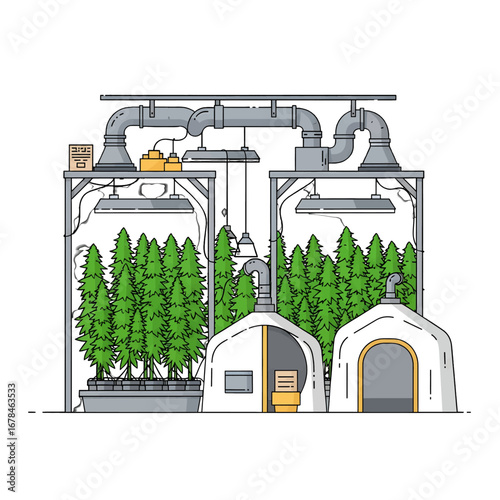 Indoor Industrial Plant Growth Cultivation System with Green Plants Under Climate Controlled Ventilation in Pixel Art Illustration