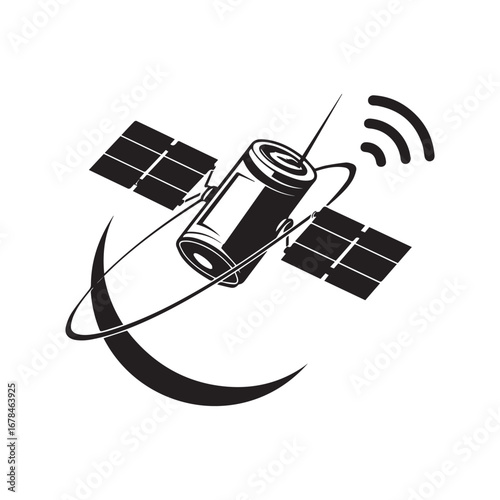  A black and white vector illustration of a satellite gracefully orbiting a pale silhouette planet, symbolizing global communication. 