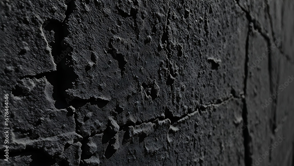 Naklejka premium Close-up of a textured dark concrete wall with rough patterns and natural shadows, highlighting macro details.
