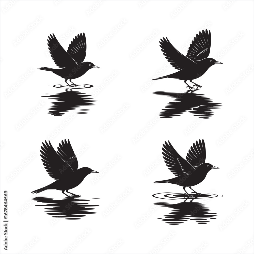 Obraz premium A set of black vector silhouettes of flying birds, including eagles, hawks, and doves, perfect for a tattoo or nature illustration design