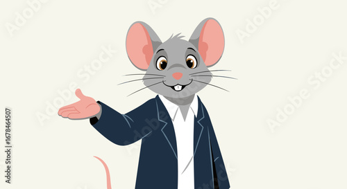 Friendly cartoon mouse in business attire presenting an idea with inviting gesture
