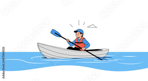 Young kayaker enjoying peaceful water adventure paddling boat on serene lake with blue water