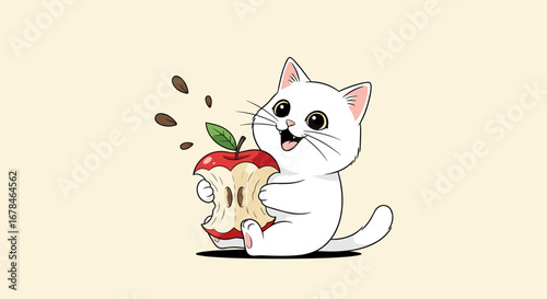 Playful white kitten happily enjoying a delicious red apple, perfect for fun designs