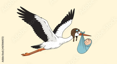 Stork delivering baby wrapped in blue blanket with aviator goggles for birth announcements